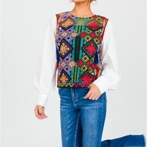 FATE Poplin Sleeve Multi Color Embroidered Lace Lined Top Sz: Small